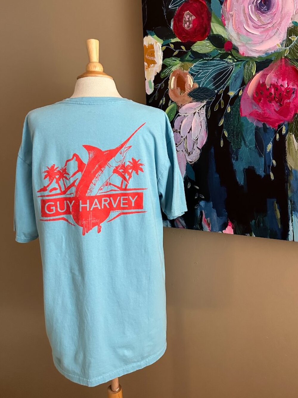Guy Harvey Graphic Tee Aqua Blue Swordfish Fishing Shirt Size L Coastal